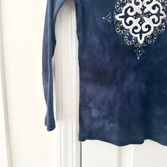 Suzie In The City Navy Blue Tie Dye White Cross Center Design Vtg Y2K Top Medium - Picture 3 of 10